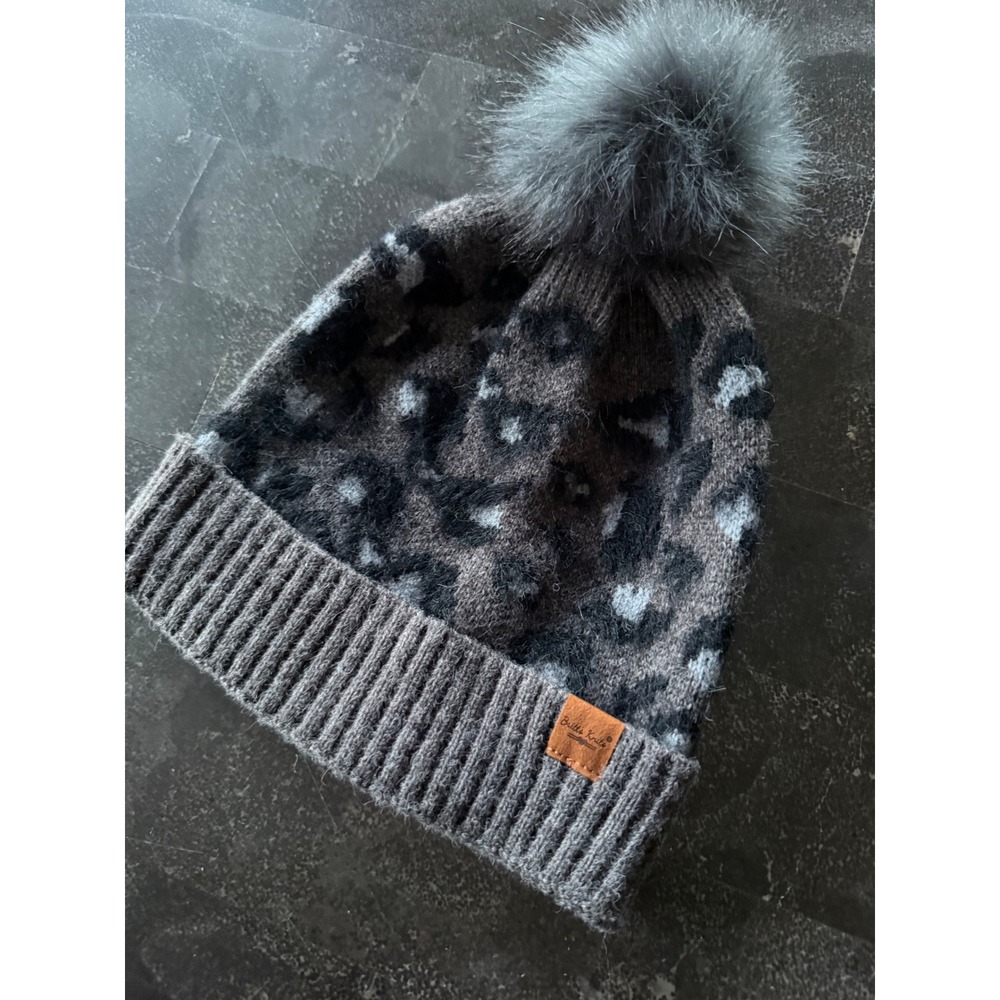 Britt's Knits Leopard Print Pom Beanie Hat Gray Blue White Faux Fur Winter Hat